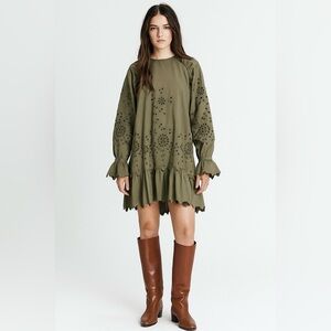 SEA NEW YORK Floral Eyelet Cotton Poplin Long‎ Puff Sleeve Ruffle Hem Dress XS